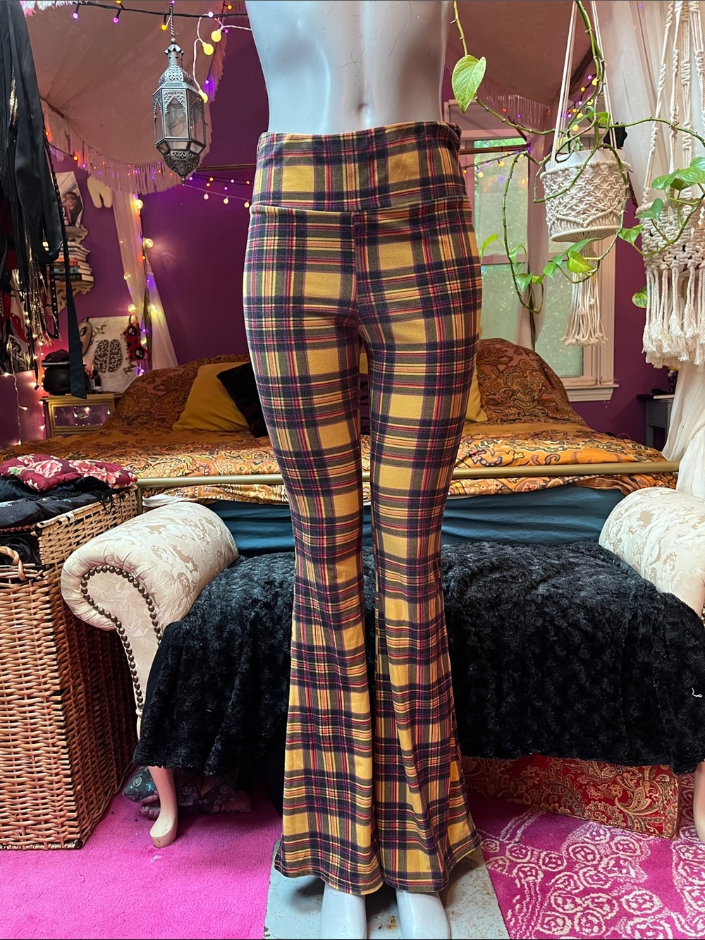 Plaid Bell bottom flare legging pants